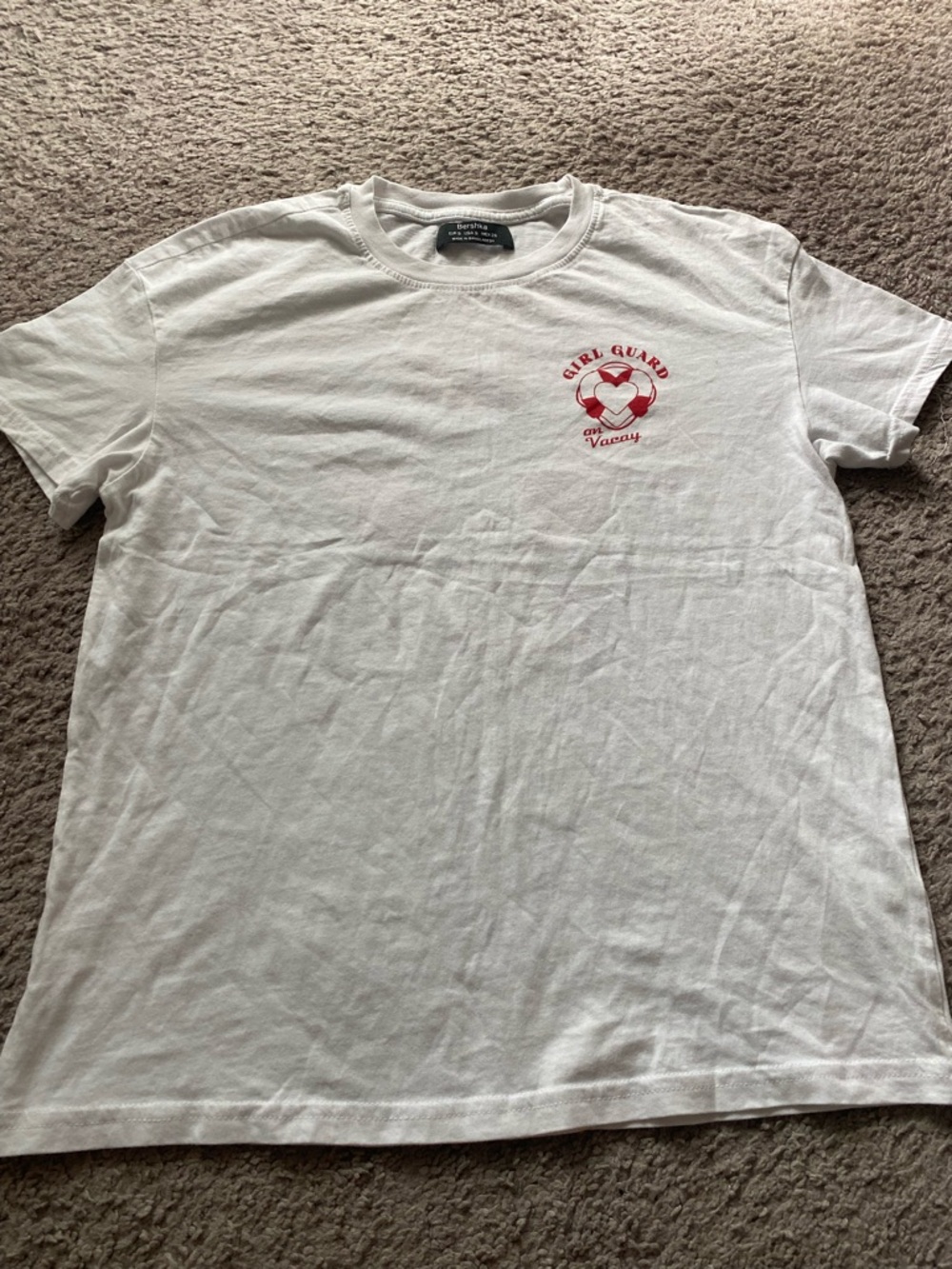 Women’s Bershka White Crewneck Tee with Red Lifesaver Chest Graphic